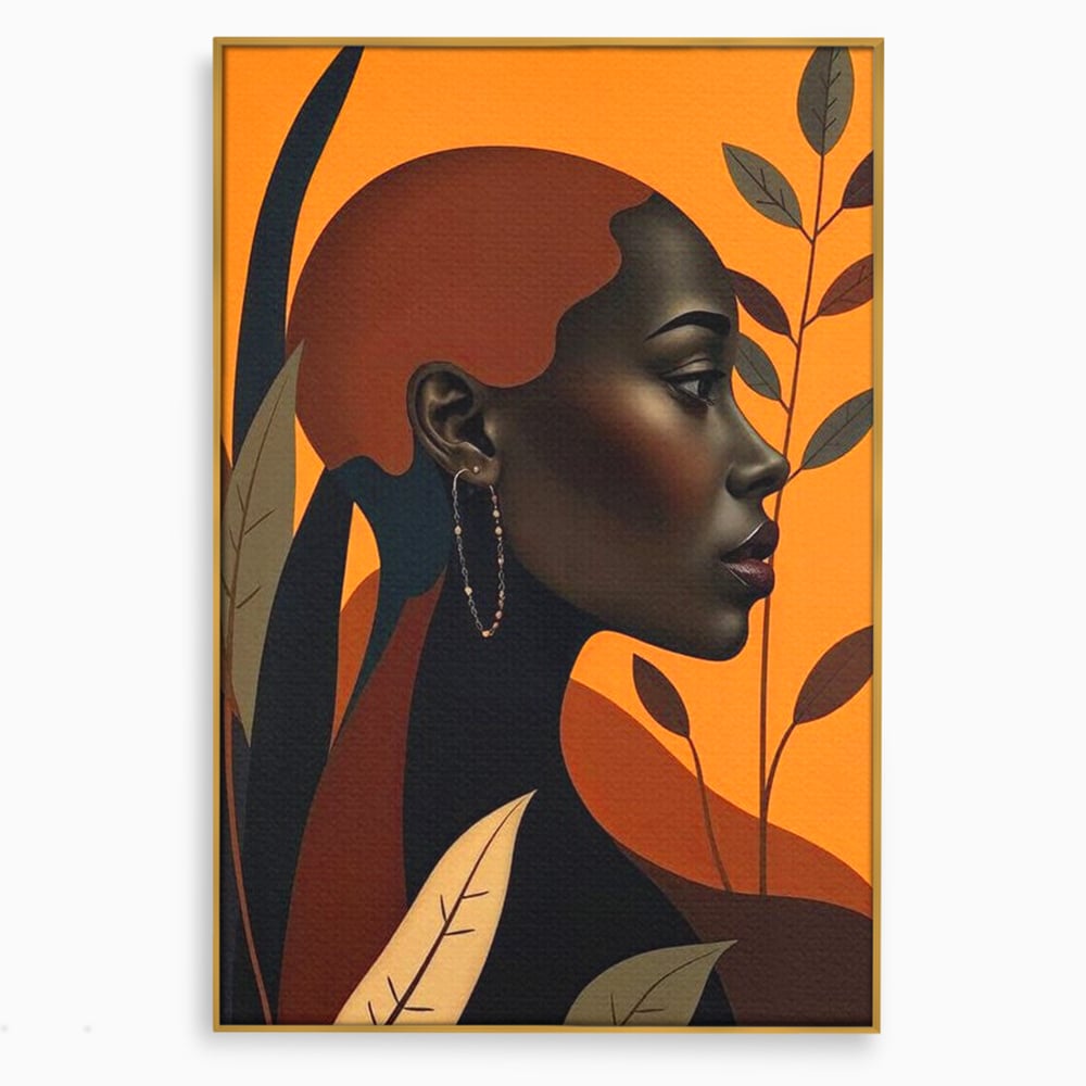 Tablou canvas cu ilustratie digitala cu profil de femeie, in rama de aluminiu auriu